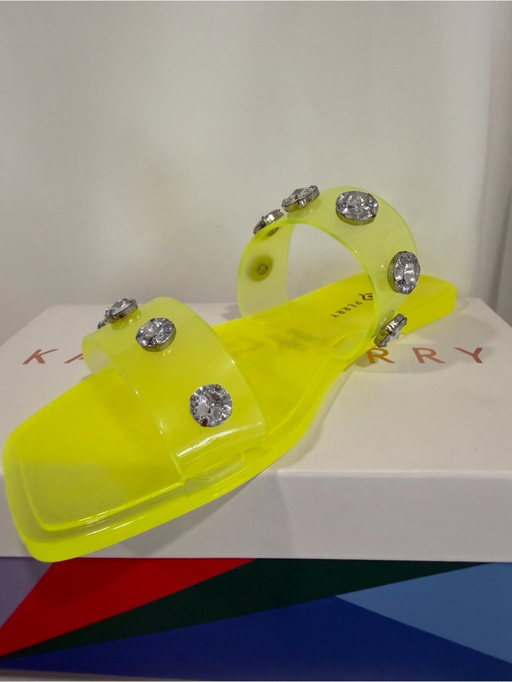 Katy Perry Collections Neon Yellow Jeweled Slide Sandals - Picture 6 of 8